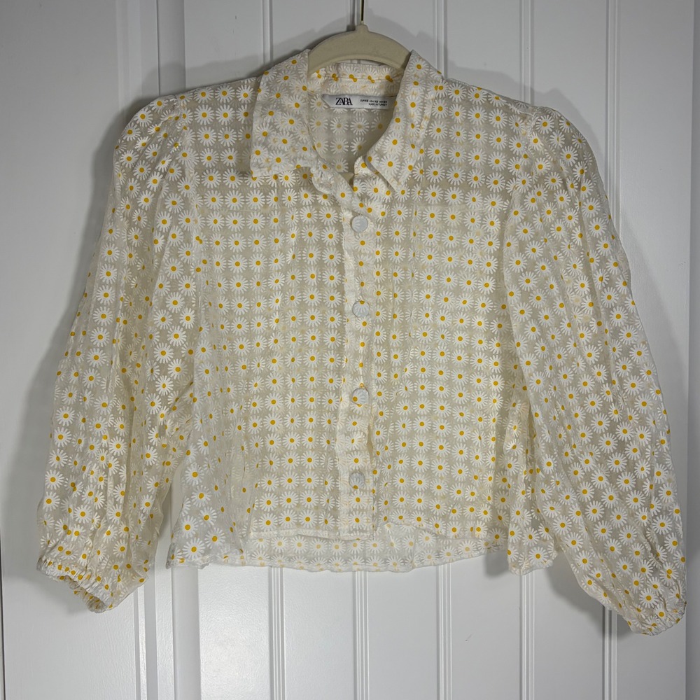 Zara Womens Daisy Floral Sheer Cropped Blouse White Yellow XS Puff Sleeve Top